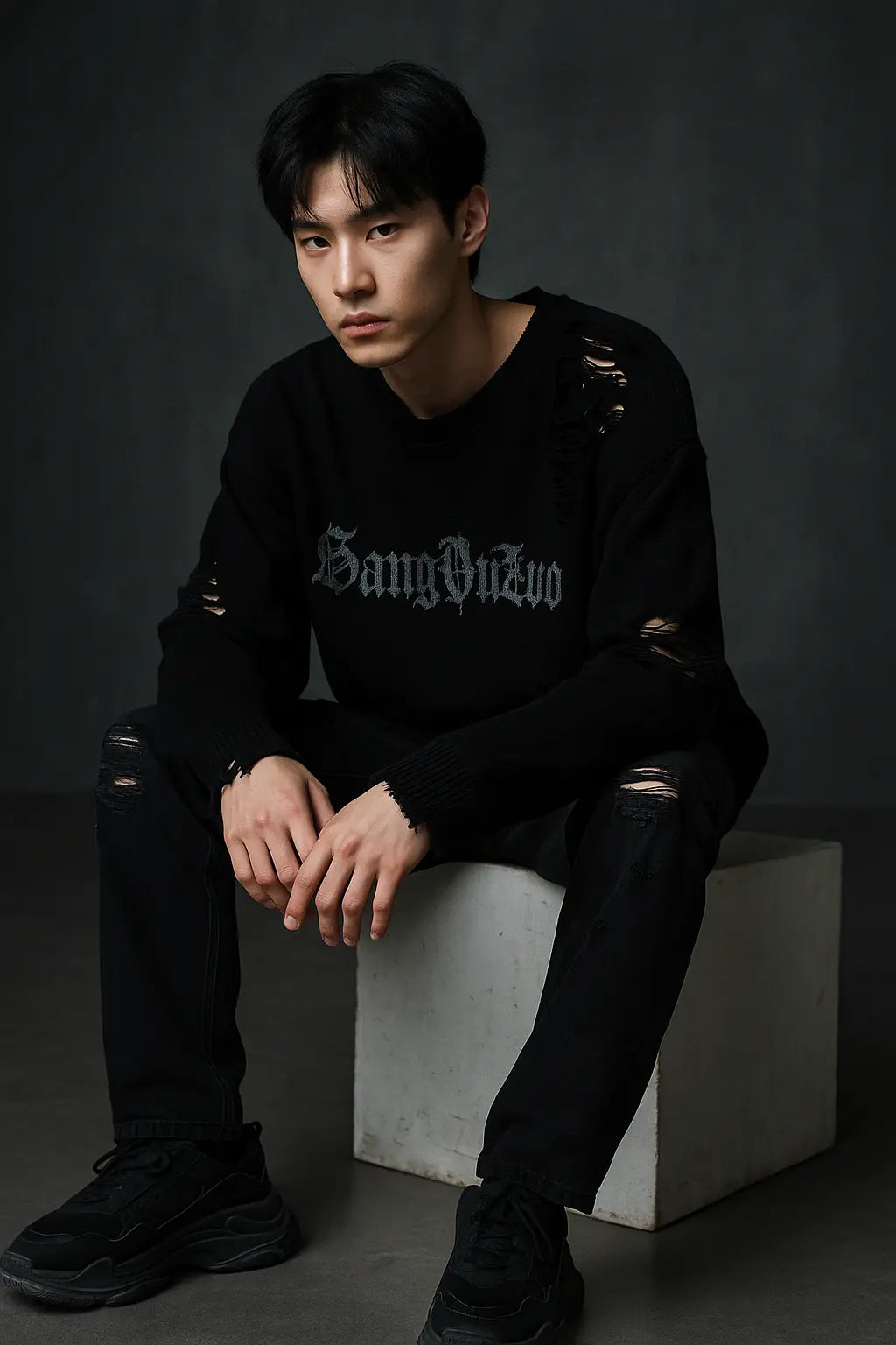 Torn Smooth Sweater Men Retro Ripped Hole Knitted Letter Plain Jumpers Men Streetwear Hip Hop Harajuku Punk Gothic Sweaters Novara Shop