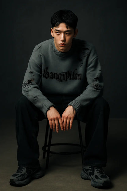 Torn Smooth Sweater Men Retro Ripped Hole Knitted Letter Plain Jumpers Men Streetwear Hip Hop Harajuku Punk Gothic Sweaters Novara Shop