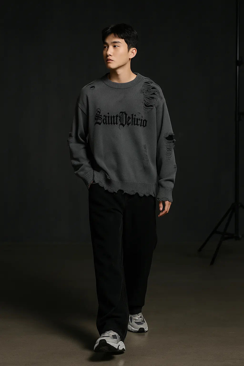 Torn Smooth Sweater Men Retro Ripped Hole Knitted Letter Plain Jumpers Men Streetwear Hip Hop Harajuku Punk Gothic Sweaters Novara Shop
