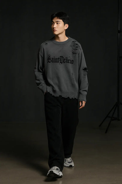 Torn Smooth Sweater Men Retro Ripped Hole Knitted Letter Plain Jumpers Men Streetwear Hip Hop Harajuku Punk Gothic Sweaters Novara Shop