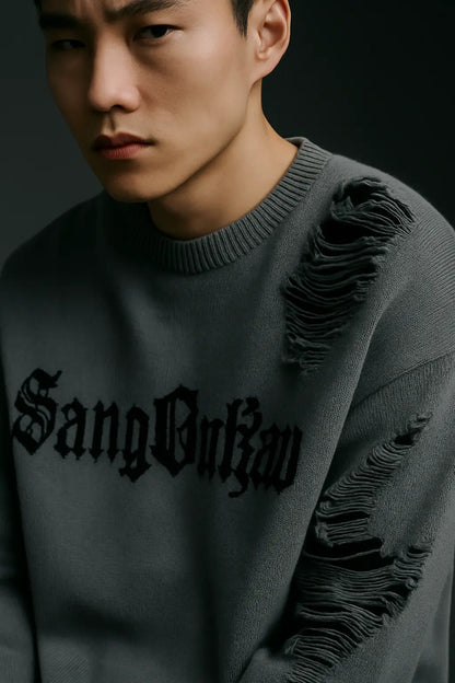 Torn Smooth Sweater Men Retro Ripped Hole Knitted Letter Plain Jumpers Men Streetwear Hip Hop Harajuku Punk Gothic Sweaters Novara Shop
