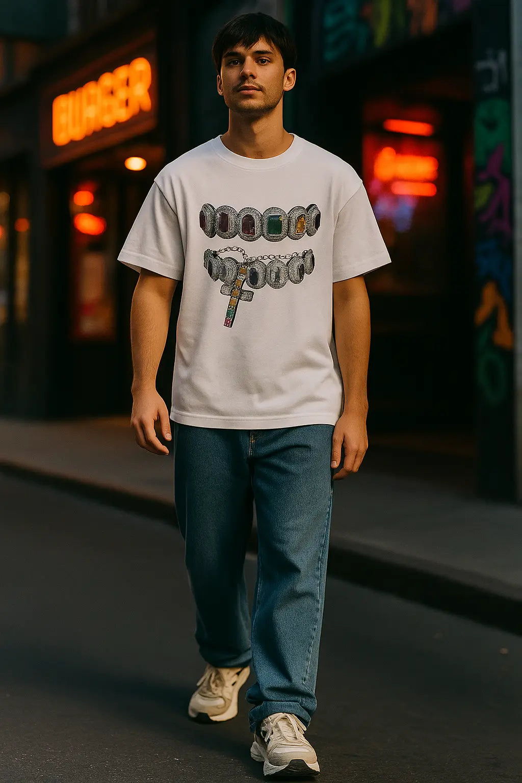 Grillz Cross Chain Garment Dyed Boxy T Shirt Black Opium Y2K Fashion Streetwear Unisex Men Women Cotton Crew Neck Vintage Novara Shop