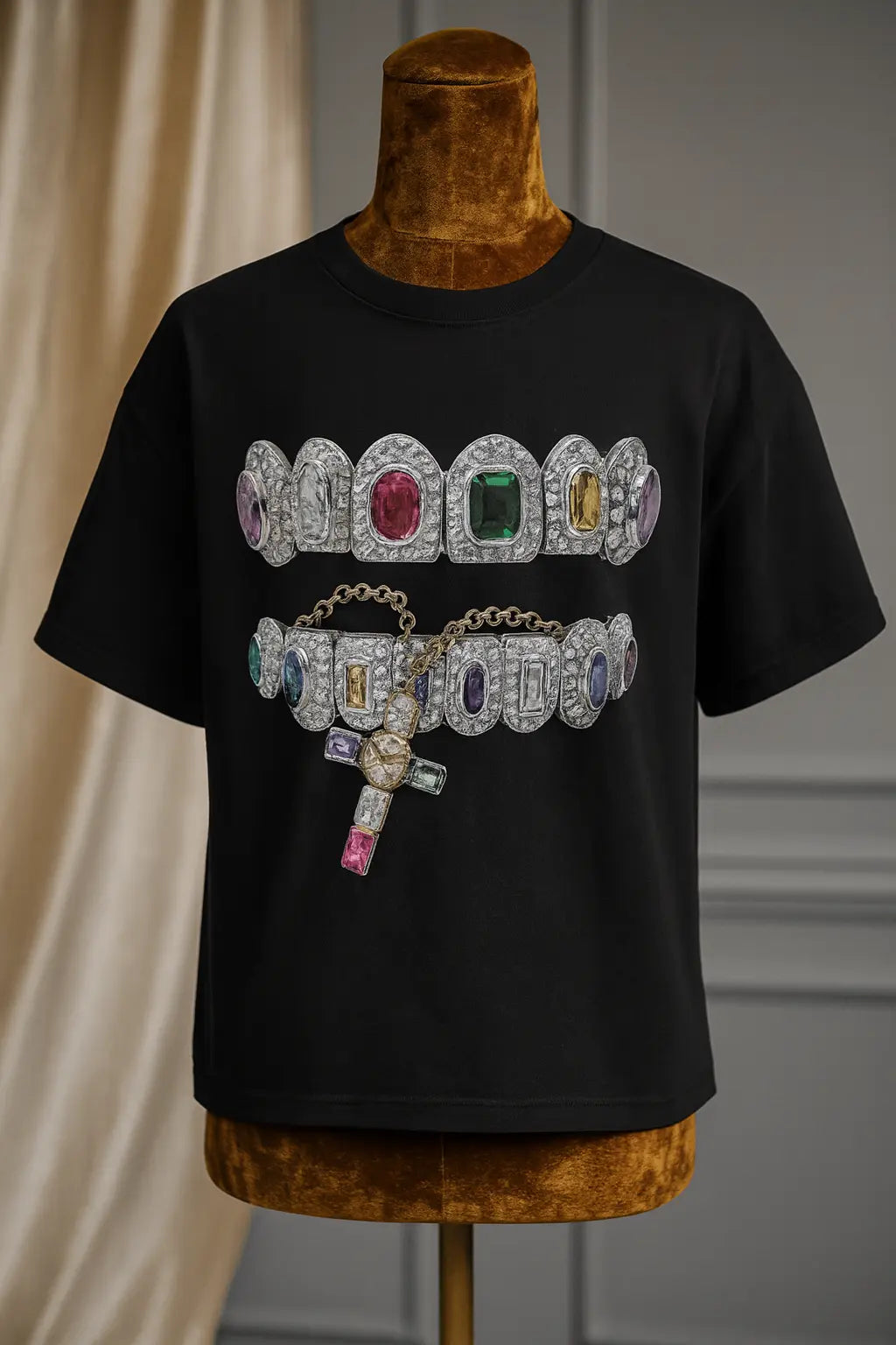 Grillz Cross Chain Garment Dyed Boxy T Shirt Black Opium Y2K Fashion Streetwear Unisex Men Women Cotton Crew Neck Vintage Novara Shop