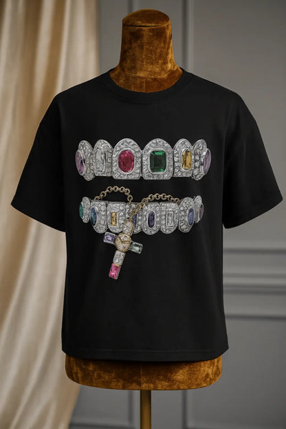 Grillz Cross Chain Garment Dyed Boxy T Shirt Black Opium Y2K Fashion Streetwear Unisex Men Women Cotton Crew Neck Vintage Novara Shop
