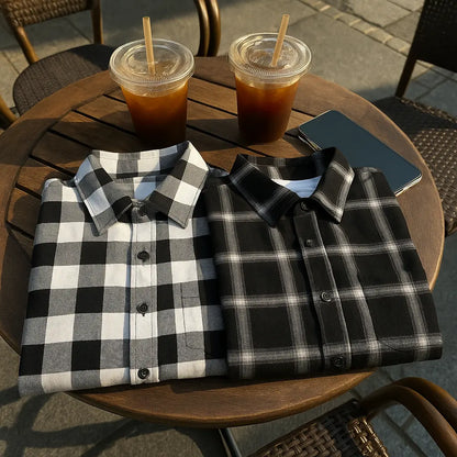 Trendy Black White Plaid Shirt Men&
