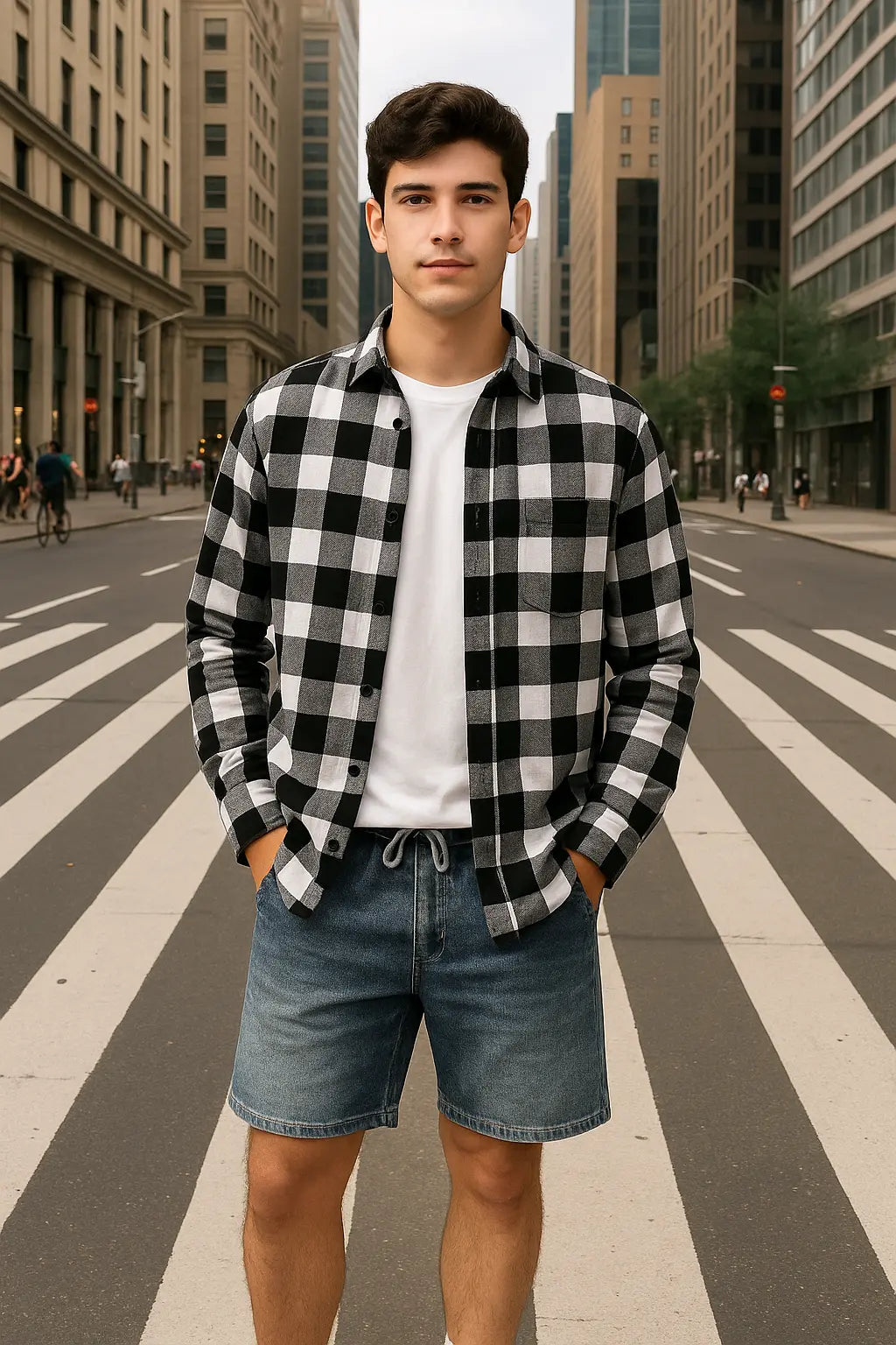 Trendy Black White Plaid Shirt Men&