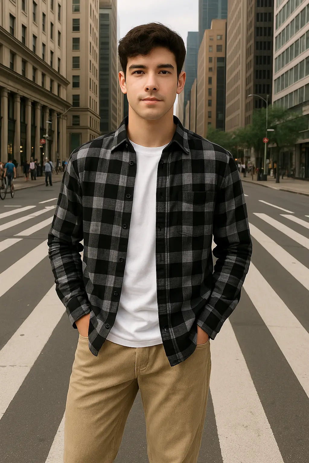 Trendy Black White Plaid Shirt Men&