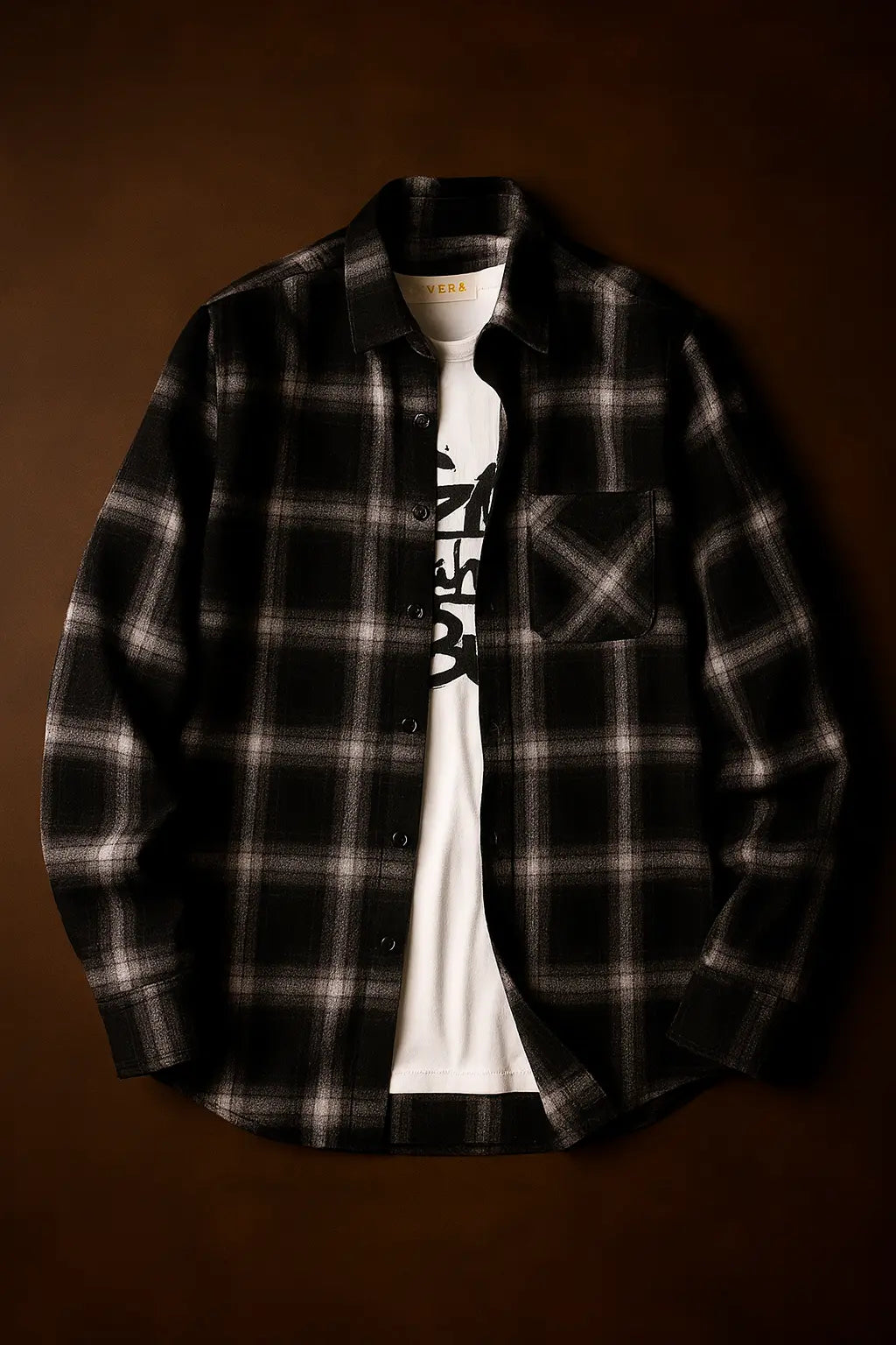 Trendy Black White Plaid Shirt Men&