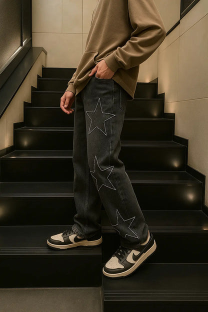 Star Embroidery Straight Casual Men Jeans Neutral Wide Leg Loose Hip-hop Fashion Youth Streetwear Denim Trousers Y2K pants men Novara Shop