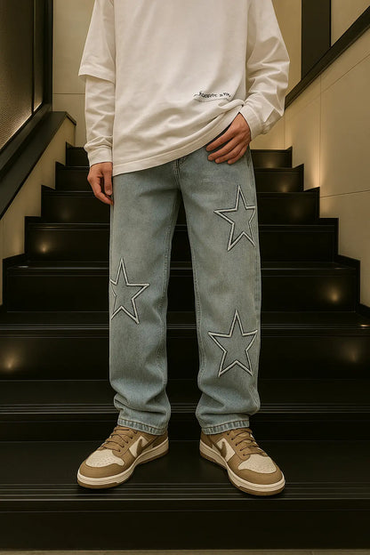 Star Embroidery Straight Casual Men Jeans Neutral Wide Leg Loose Hip-hop Fashion Youth Streetwear Denim Trousers Y2K pants men Novara Shop
