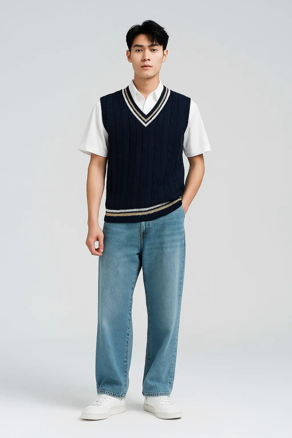 Sweater Vest Men Thicken V-neck Sleeveless Knitted Sweaters Vests Striped Retro Preppy-style Simple Chic Loose Casual All-match Novara Shop
