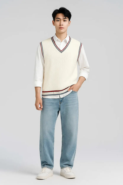 Sweater Vest Men Thicken V-neck Sleeveless Knitted Sweaters Vests Striped Retro Preppy-style Simple Chic Loose Casual All-match Novara Shop