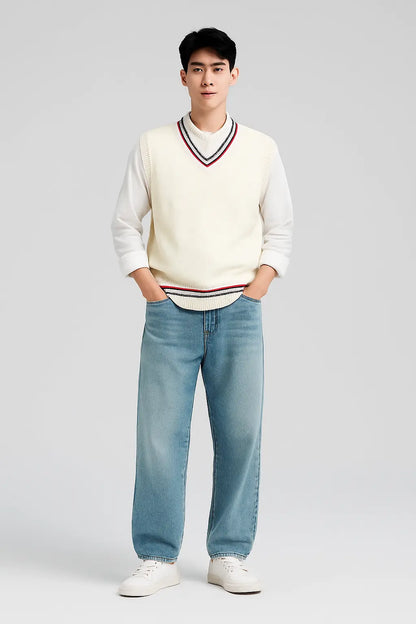 Sweater Vest Men Thicken V-neck Sleeveless Knitted Sweaters Vests Striped Retro Preppy-style Simple Chic Loose Casual All-match Novara Shop