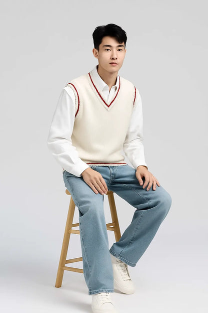 Sweater Vest Men Thicken V-neck Sleeveless Knitted Sweaters Vests Striped Retro Preppy-style Simple Chic Loose Casual All-match Novara Shop