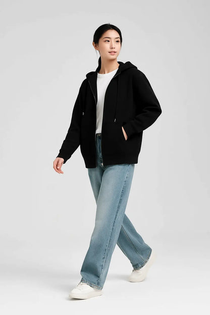Elegant Women Chic Hoodies Fashion Autumn Winter Fleece Long Sleeve Solid Color Hooded Top Casual Office Lady Zipper Sweatshirts Novara Shop