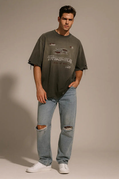 Retro Loose Fit Gradient Washed Racing American High Street Short Sleeve T-Shirt for Men Casual Crew Neck Summer Top Novara Shop