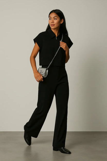 Fashion Set For Women Summer 2025 New Slim Lapel Zipper Short Sleeve Coat Top Wide Leg Pants Two Piece Set Leisure Black Novara Shop
