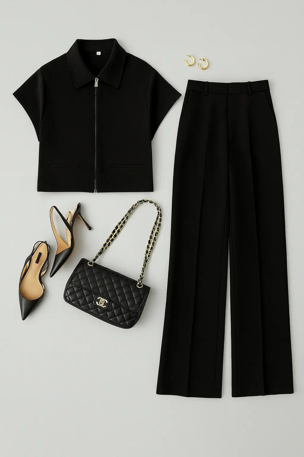Fashion Set For Women Summer 2025 New Slim Lapel Zipper Short Sleeve Coat Top Wide Leg Pants Two Piece Set Leisure Black Novara Shop