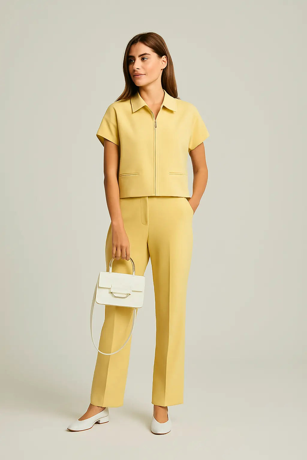 Fashion Set For Women Summer 2025 New Slim Lapel Zipper Short Sleeve Coat Top Wide Leg Pants Two Piece Set Leisure Black Novara Shop