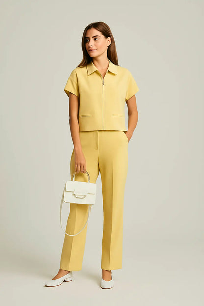 Fashion Set For Women Summer 2025 New Slim Lapel Zipper Short Sleeve Coat Top Wide Leg Pants Two Piece Set Leisure Black Novara Shop