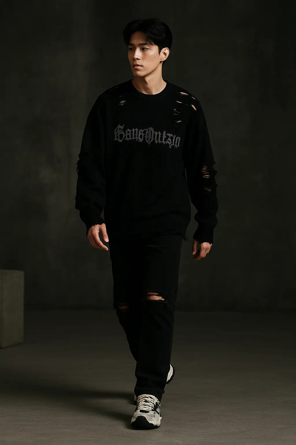 Torn Smooth Sweater Men Retro Ripped Hole Knitted Letter Plain Jumpers Men Streetwear Hip Hop Harajuku Punk Gothic Sweaters Novara Shop