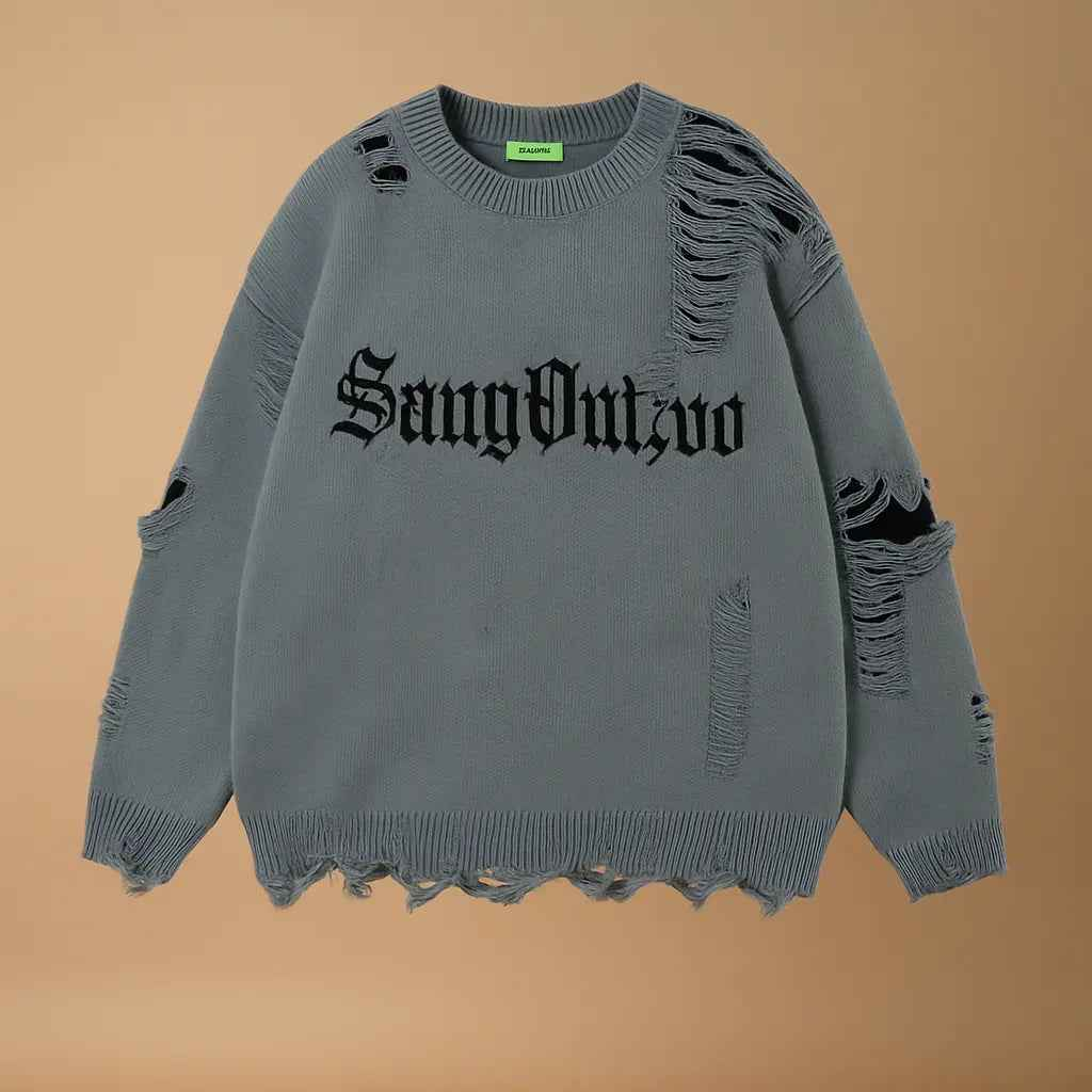 Torn Smooth Sweater Men Retro Ripped Hole Knitted Letter Plain Jumpers Men Streetwear Hip Hop Harajuku Punk Gothic Sweaters Novara Shop