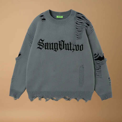 Torn Smooth Sweater Men Retro Ripped Hole Knitted Letter Plain Jumpers Men Streetwear Hip Hop Harajuku Punk Gothic Sweaters Novara Shop