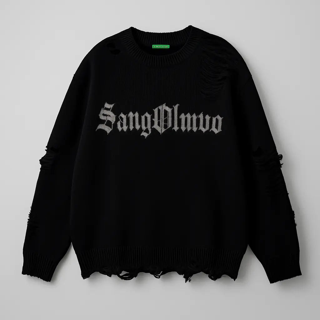 Torn Smooth Sweater Men Retro Ripped Hole Knitted Letter Plain Jumpers Men Streetwear Hip Hop Harajuku Punk Gothic Sweaters Novara Shop