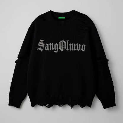 Torn Smooth Sweater Men Retro Ripped Hole Knitted Letter Plain Jumpers Men Streetwear Hip Hop Harajuku Punk Gothic Sweaters Novara Shop