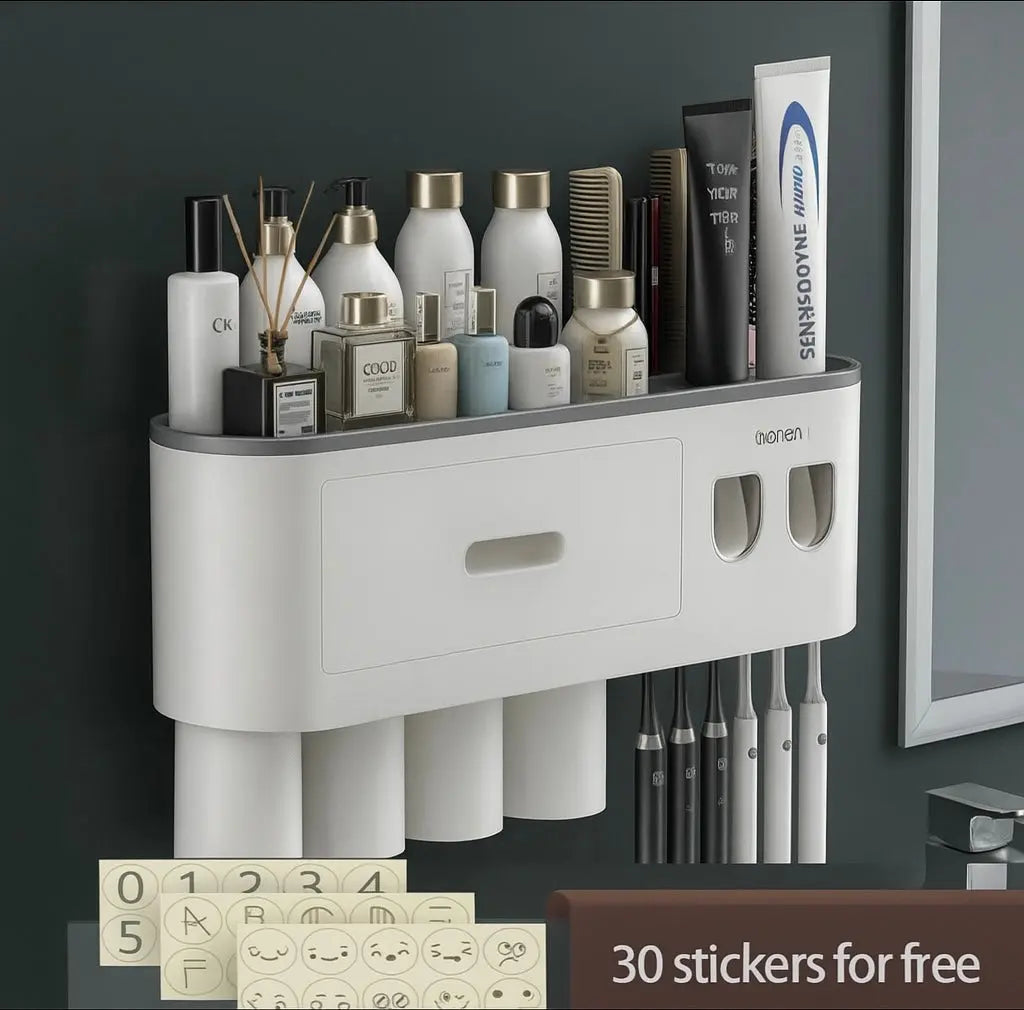 Wall-mounted magnetic inverted toothbrush holder with automatic toothpaste squeezer