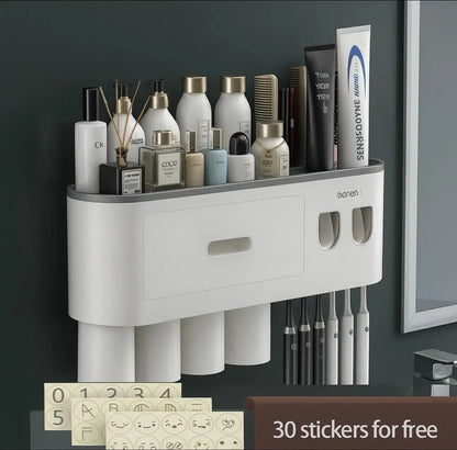 Wall-mounted magnetic inverted toothbrush holder with automatic toothpaste squeezer