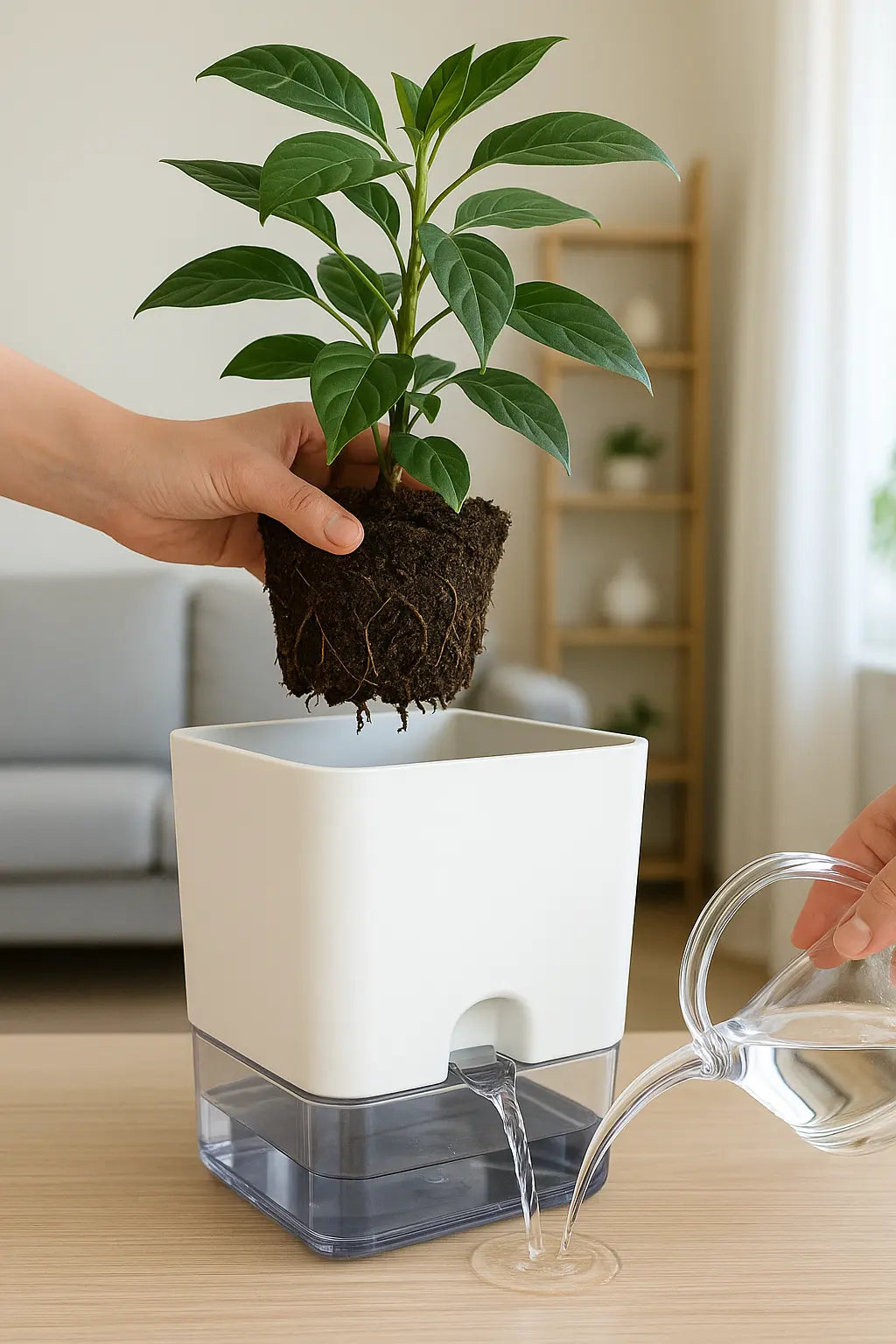 Self-watering plant pot with double-deck design and cotton rope wick