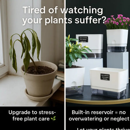 Self-watering plant pot with double-deck design and cotton rope wick