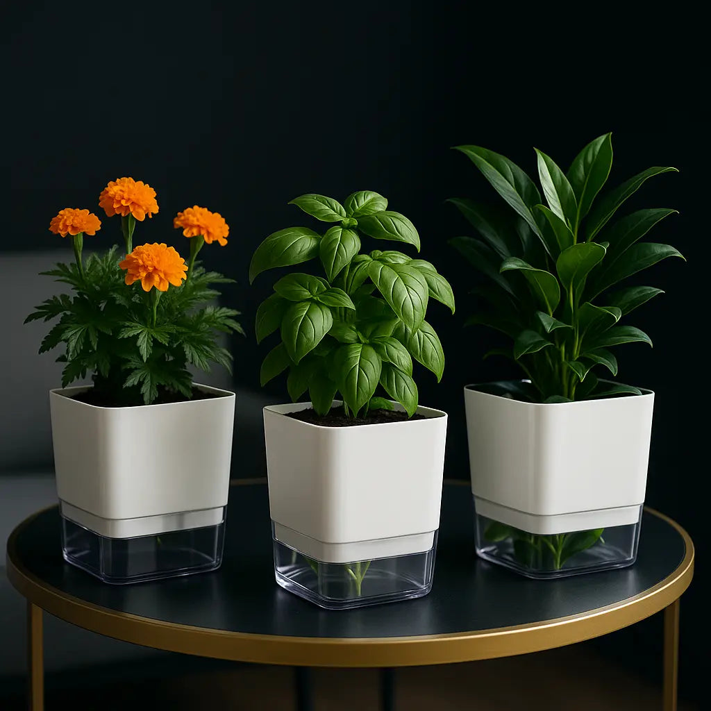 Self-watering plant pot with double-deck design and cotton rope wick