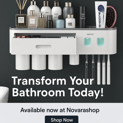 Wall-mounted magnetic inverted toothbrush holder with automatic toothpaste squeezer