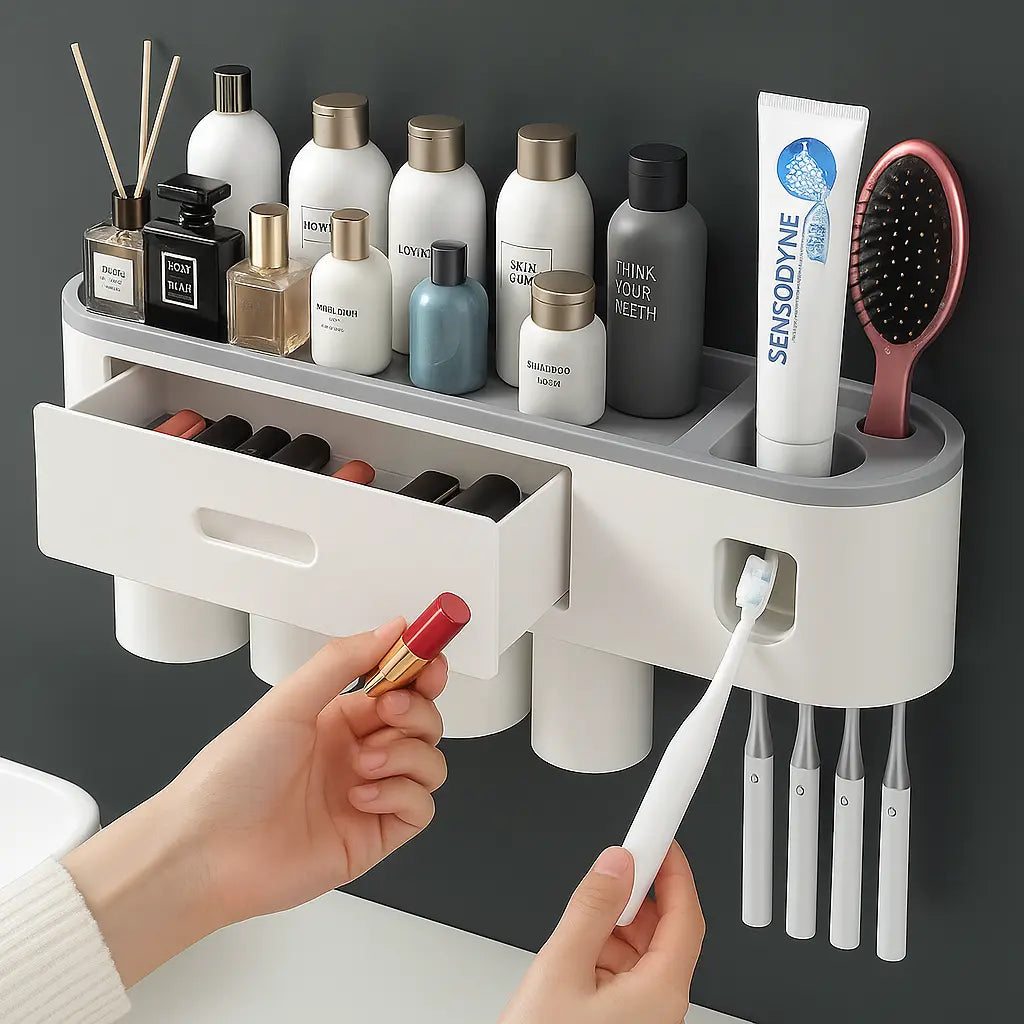 Wall-mounted magnetic inverted toothbrush holder with automatic toothpaste squeezer