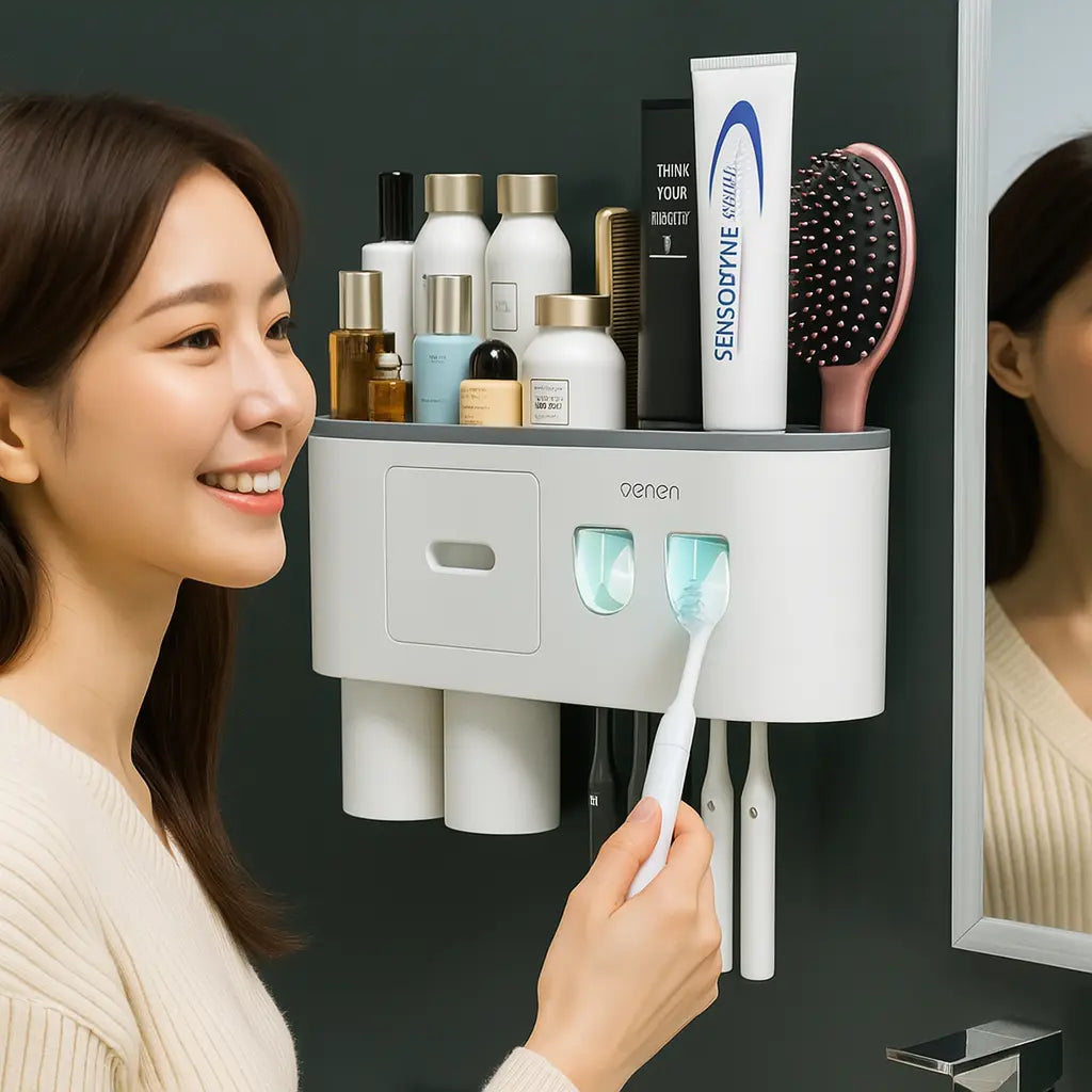Wall-mounted magnetic inverted toothbrush holder with automatic toothpaste squeezer