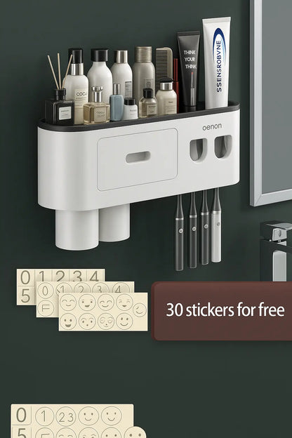 Wall-mounted magnetic inverted toothbrush holder with automatic toothpaste squeezer