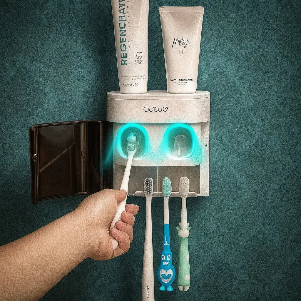 Wall-mounted magnetic inverted toothbrush holder with automatic toothpaste squeezer
