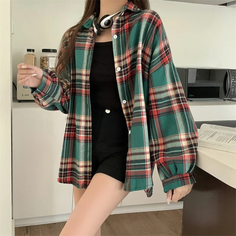 Plaid Shirt Women - Vintage Loose Blouse in Autumn Check, Trendy Long Sleeve Preppy Style