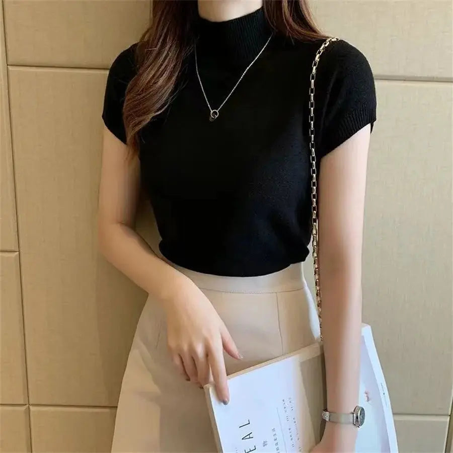 Fashion Woman Blouses Short Sleeve Summer Tops Blouse Women Turtleneck Knitted Blouse Shirt Women Tops Blouses DF4908 Novara Shop   Novara Shop