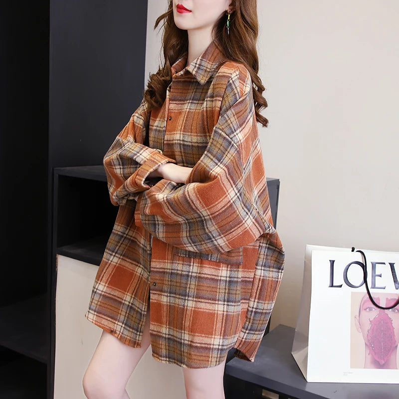Plaid Shirt Women - Vintage Loose Blouse in Autumn Check, Trendy Long Sleeve Preppy Style