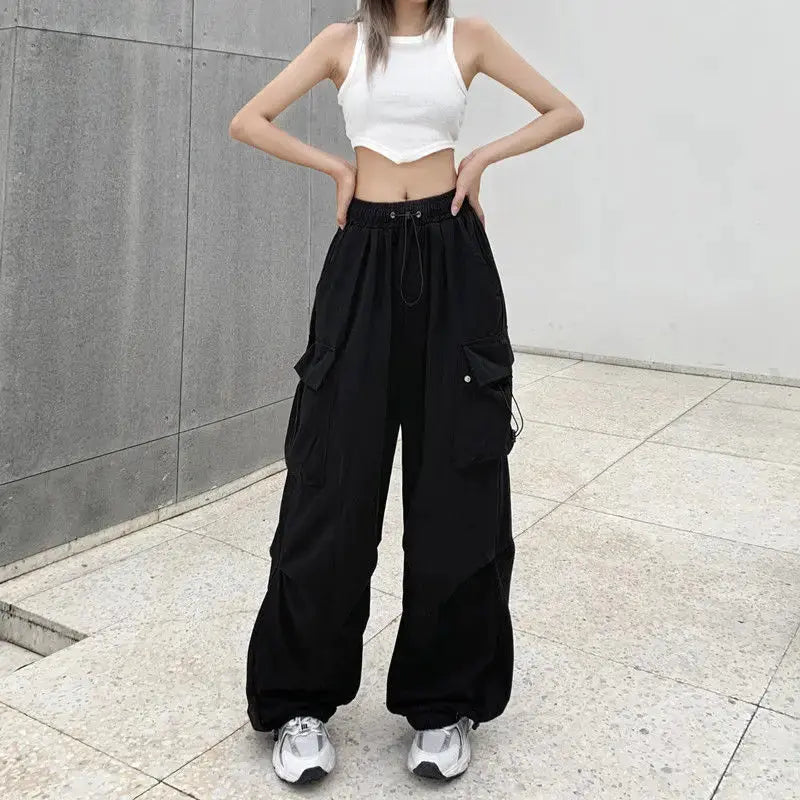 American retro tooling slacks female drape straight beam foot trousers summertime joker loose ins wide-legged pants Novara Shop Women Casual Joggers Tech Pants Solid Low Waist Pants Drawstring Wide Leg Baggy Trousers Y2k Streetwear Oversize Sweatpants  Novara Shop  Women Casual Joggers Tech Pants Solid Low Waist Pants Drawstring Wide Leg Baggy Trousers Y2k Streetwear Oversize Sweatpants