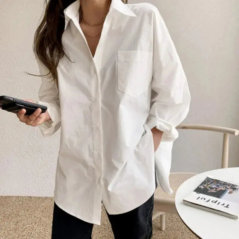 Office Lady Elegant White Casual Loose Blouses Fashion New Cotton Long Sleeve Women Shirt Turndown Collar Tops Novara Shop   Novara Shop