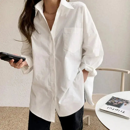 Office Lady Elegant White Casual Loose Blouses Fashion New Cotton Long Sleeve Women Shirt Turndown Collar Tops Novara Shop   Novara Shop
