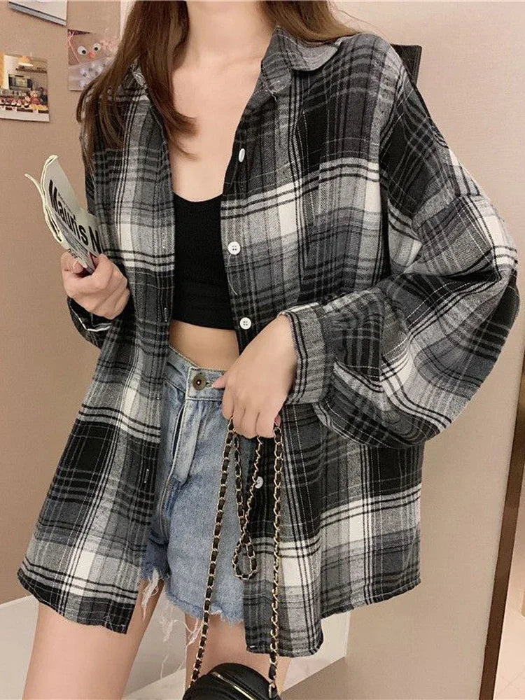 Plaid Shirt Women - Vintage Loose Blouse in Autumn Check, Trendy Long Sleeve Preppy Style