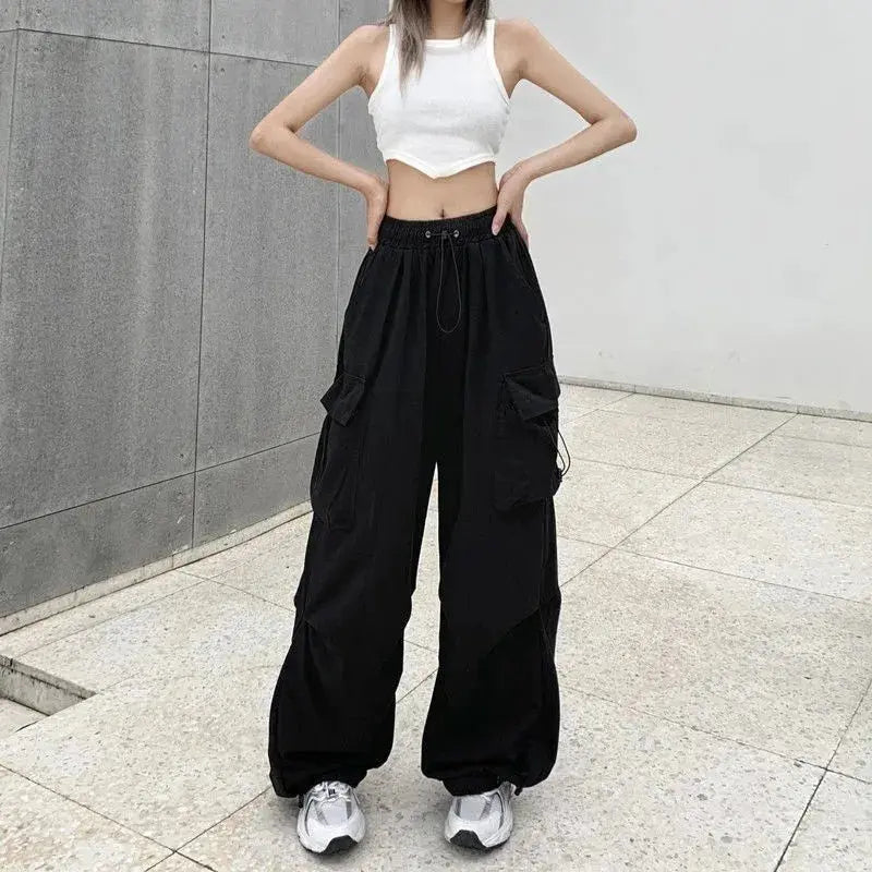 American retro tooling slacks female drape straight beam foot trousers summertime joker loose ins wide-legged pants Novara Shop Women Casual Joggers Tech Pants Solid Low Waist Pants Drawstring Wide Leg Baggy Trousers Y2k Streetwear Oversize Sweatpants  Novara Shop  Women Casual Joggers Tech Pants Solid Low Waist Pants Drawstring Wide Leg Baggy Trousers Y2k Streetwear Oversize Sweatpants