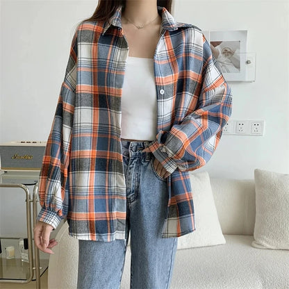 Plaid Shirt Women - Vintage Loose Blouse in Autumn Check, Trendy Long Sleeve Preppy Style