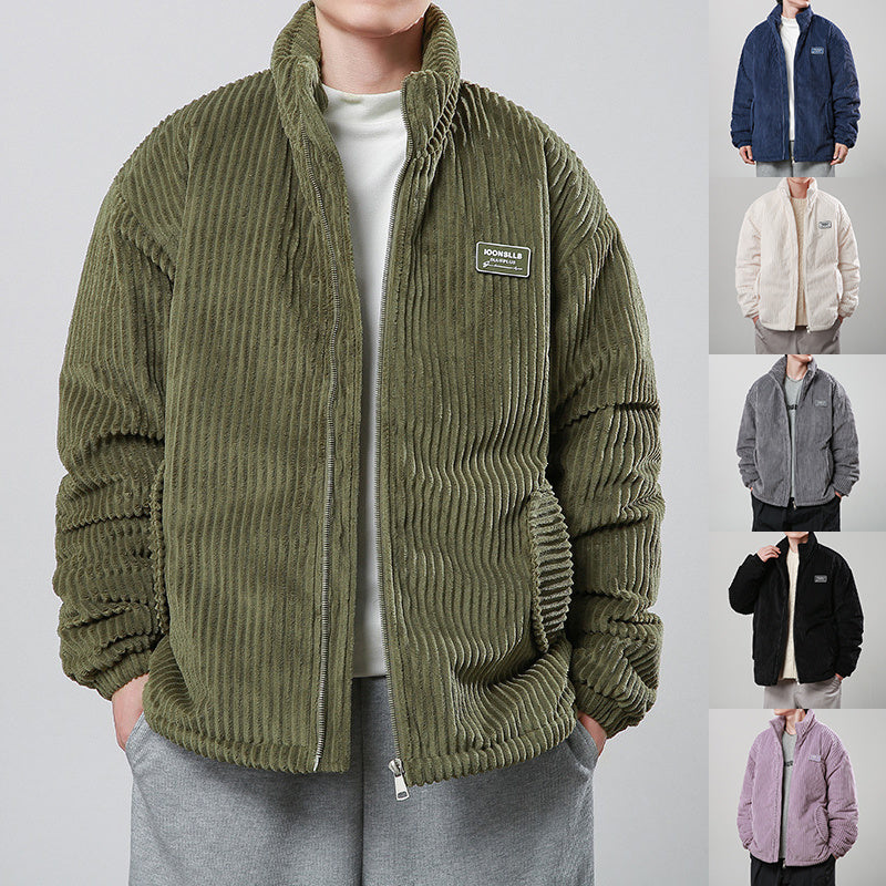 Winter Corduroy Cotton-padded Coat Warm Stand Collar Zipper Jacket Casual Outdoor Streetwear Men&