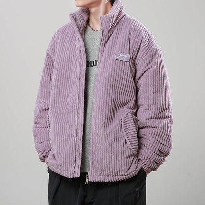 Winter Corduroy Cotton-padded Coat Warm Stand Collar Zipper Jacket Casual Outdoor Streetwear Men&